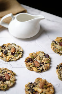 High angle view of cookies in plate on table