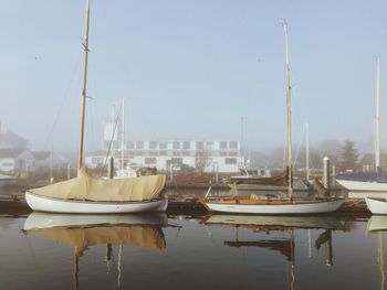 Sailboats moored in marina