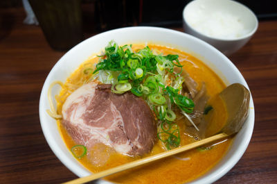 High angle view of food in bowl on table