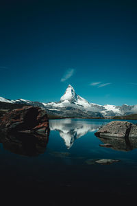 Scenic view of snowcapped mountains against sky during winter