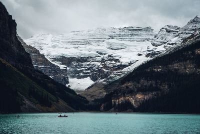 Canoeing on lake louise, banff, canada