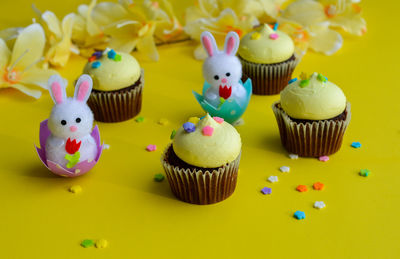 Close-up of cupcakes on yellow background