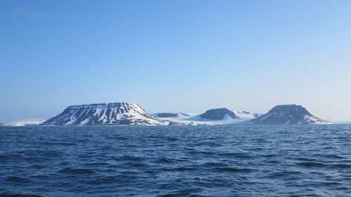Scenic view of sea and snowcapped mountains against clear blue sky