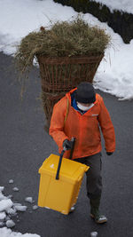 High angle view of man working on road