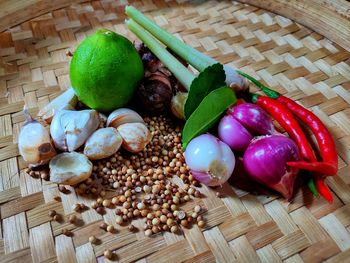 High angle view of fruits in basket on table