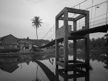 Built structure by lake against sky