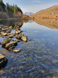 Reflection of rocks in lake against sky