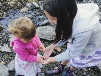 Full length of girl showing crab to sister at beach