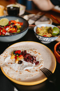 High angle view of food served on table