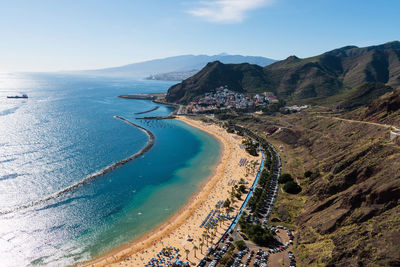 Las teresitas beach, with santa cruz and el teide in the background, tenerife, canary island, spain