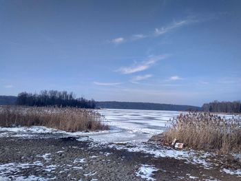 Scenic view of lake against sky during winter