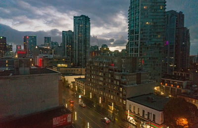 High angle view of illuminated buildings at night