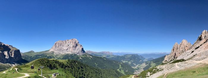 Panoramic view of mountains against clear blue sky