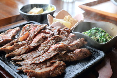 Close-up of meat  on table