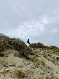 Distant view of man leaning on wood against sky