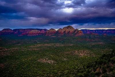 View of rock formations against cloudy sky