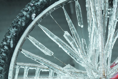 Close up of frozen bicycle wheel