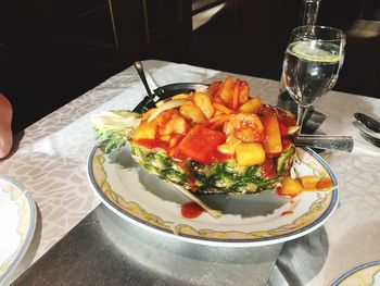 High angle view of food in plate on table