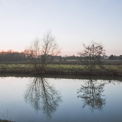 Reflection of bare trees in lake against sky