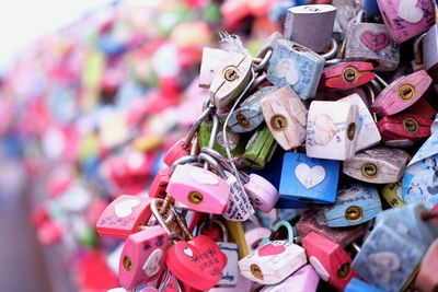 Close-up of padlocks on metal