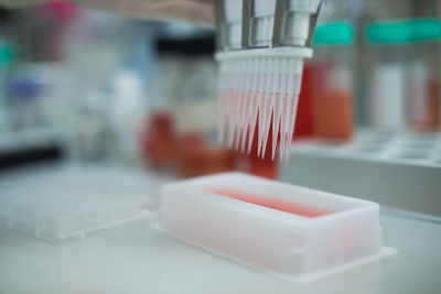 Pcr device pouring liquid in plastic container at laboratory