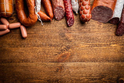 High angle view of vegetables on wooden table