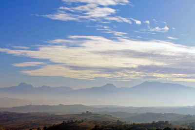 Scenic view of mountains against cloudy sky