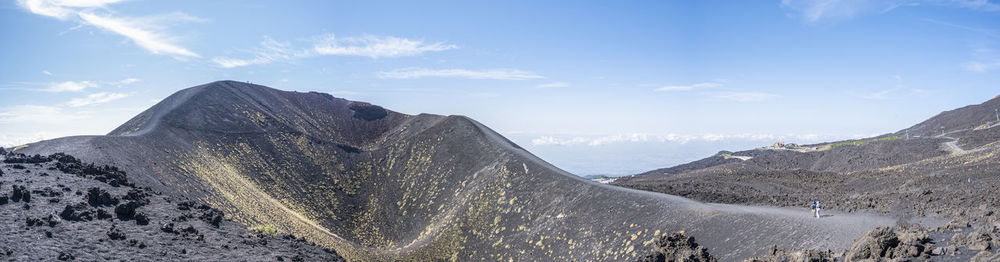 Extra wide angle view of the etna volcano with its craters, lava and lunar landscape