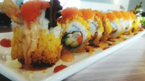 Close-up of sushi in plate