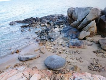 High angle view of stones on beach