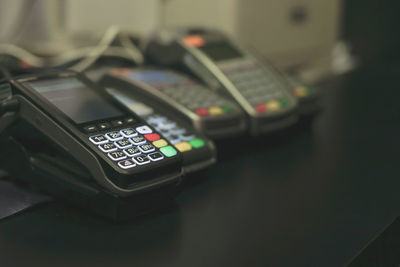 High angle view of smart phone on table