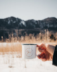 Midsection of man holding glass against mountain against sky