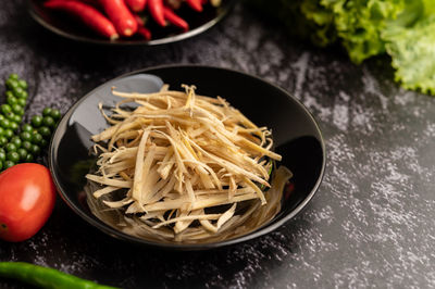 High angle view of noodles in bowl on table