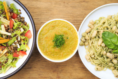 High angle view of meal served on table