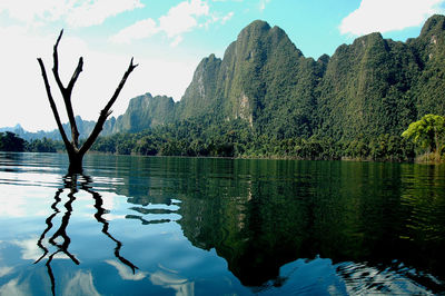 Reflection of mountain range in lake against sky