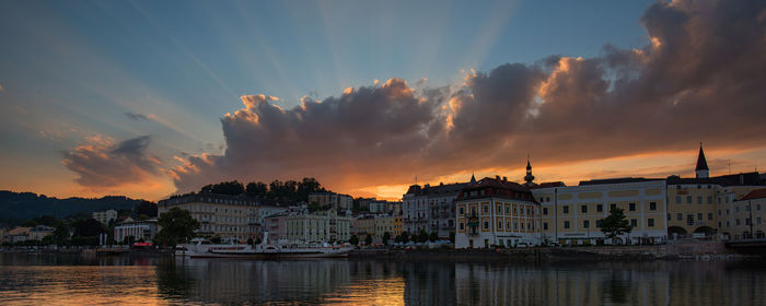 Panoramic view of city buildings against sky during sunset