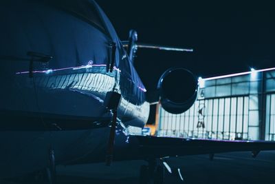 Close-up of airplane in garage