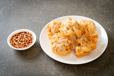 High angle view of food in plate on table