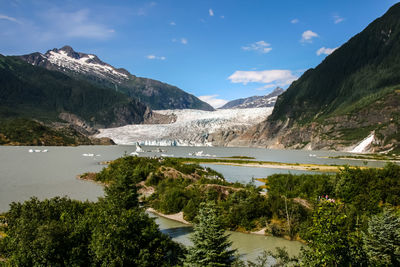 Scenic view of glacier in lagoon against sky