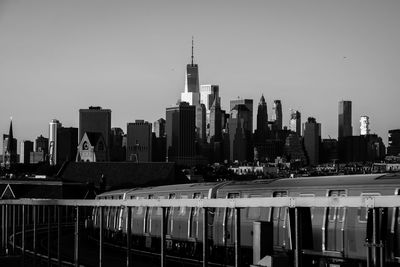 City skyline in black and white. 