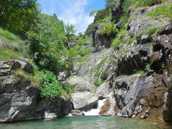 Scenic view of waterfall against sky