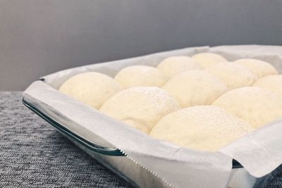 High angle view of bread in container on table