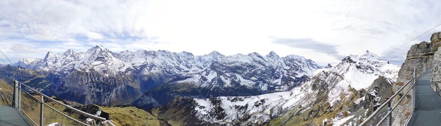 Panoramic view of snowcapped mountains against sky