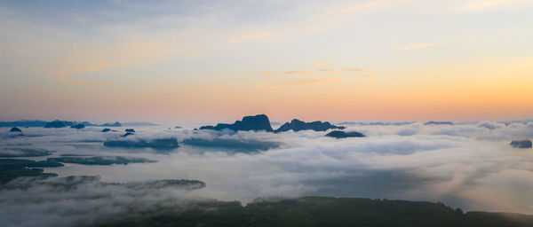 Aerial view, panorama landscape morning mist and sunrise samet nangchee view point 