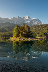 Scenic view of lake by mountains against sky