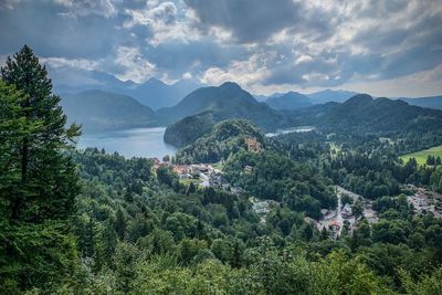 High angle view of trees and mountains against sky