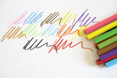 High angle view of multi colored pencils