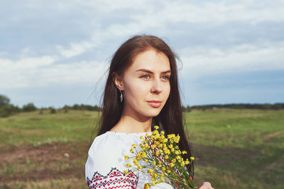 Beautiful caucasian woman in a folk costume person