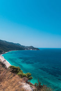 Scenic view of sea against clear blue sky