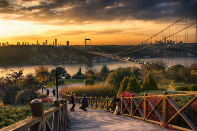 Bridge over river at sunset